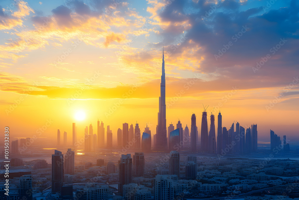 Cityscape Sunset with Skyscrapers and Clouds - Realistic Photo Cityscape Sunset with Skyscrapers and Clouds - Realistic Photo