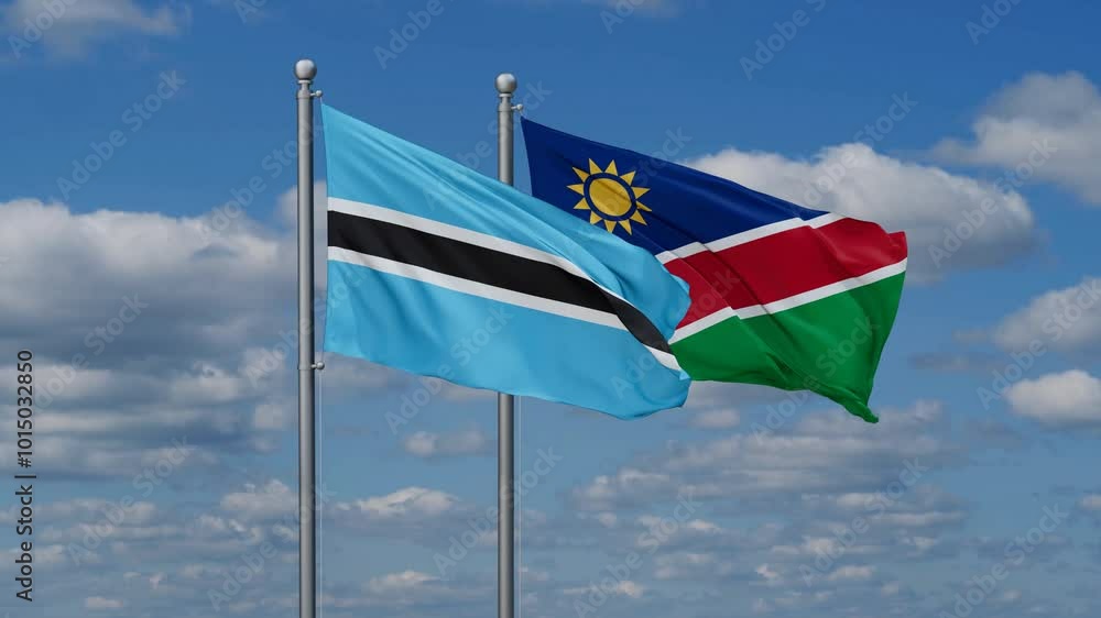 Botswana and Namibia flags flying together, video concept of the relationship, two country relations concept Botswana and Namibia flags flying together, video concept of the relationship, two country relations concept