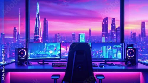 Animated virtual backgrounds, cozy lo-fi futuristic setup sleek desk RGB dual monitor. window city skyline vtuber asset twitch overlay zoom OBS, anime chill hip hop. Cyan purple colours manga style photo