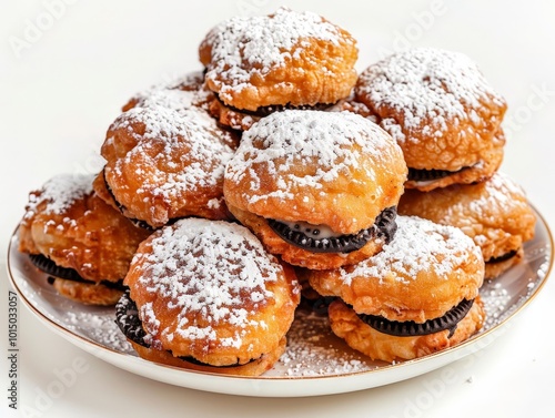 Fried Oreo Cookies with Powdered Sugar Isolated On White Background