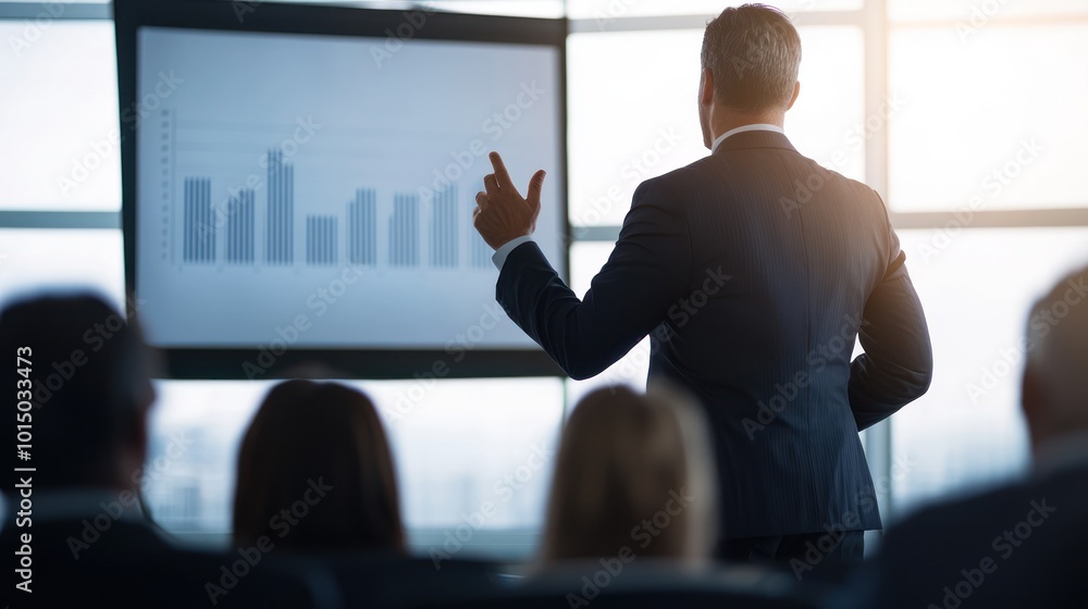 Businessman presenting data on a projector in a conference room with attentive audience. Businessman presenting data on a projector in a conference room with attentive audience.