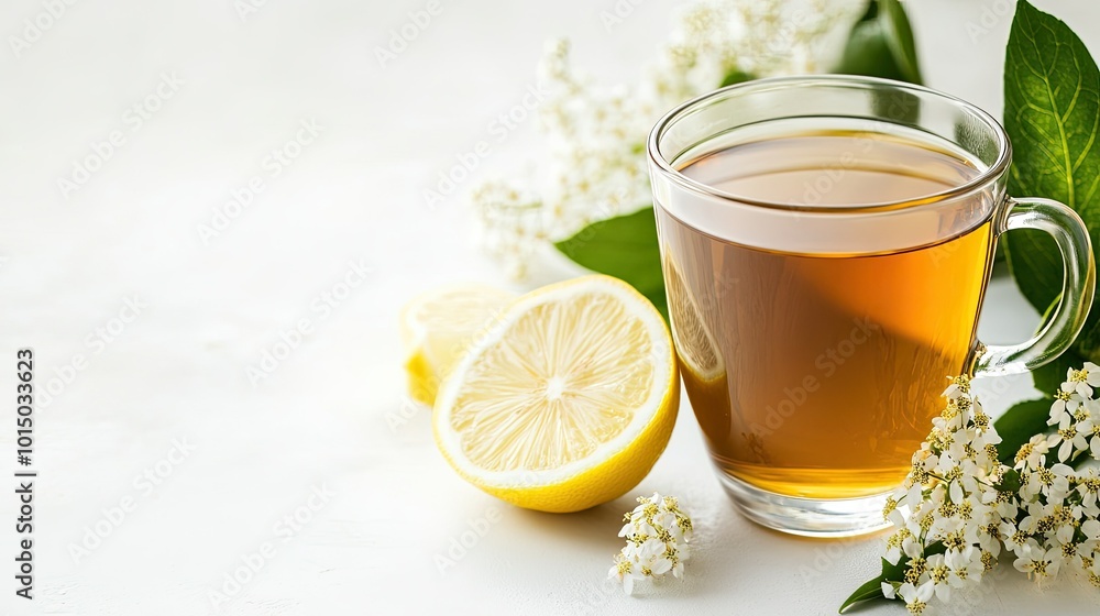 A glass of elderflower and lemon tea on a simple white surface, with ample copy space for branding or message A glass of elderflower and lemon tea on a simple white surface, with ample copy space for branding or message