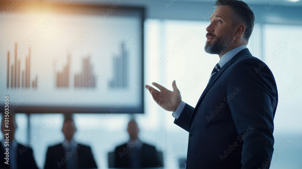 Businessman presenting ideas with charts in a modern office environment. Businessman presenting ideas with charts in a modern office environment.