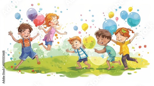 Illustration of Group of kids flying kites in a meadow