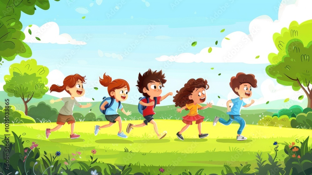 Illustration of Group of kids flying kites in a meadow Illustration of Group of kids flying kites in a meadow