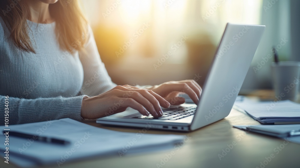 Fototapeta premium Close-up of hands typing on a laptop in a bright, cozy workspace with sunlight.