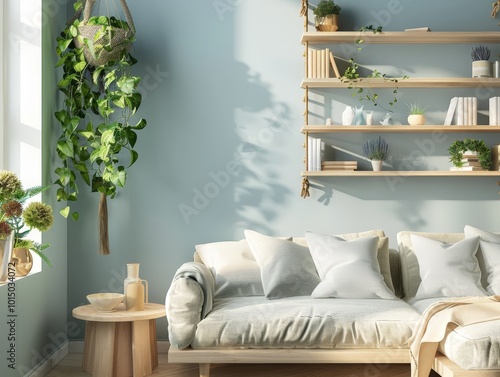 Cozy Living Room Interior with a Light Blue Wall