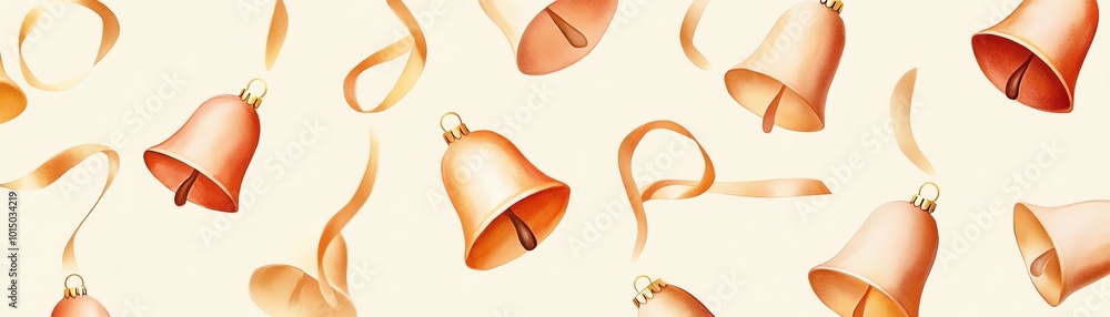 Seamless pattern of golden bells with ribbon, elegantly arranged on a light background, perfect for festive and holiday themes. Seamless pattern of golden bells with ribbon, elegantly arranged on a light background, perfect for festive and holiday themes.
