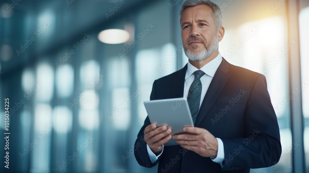 Confident businessman holding a tablet in a modern office setting, dressed in a suit. Confident businessman holding a tablet in a modern office setting, dressed in a suit.