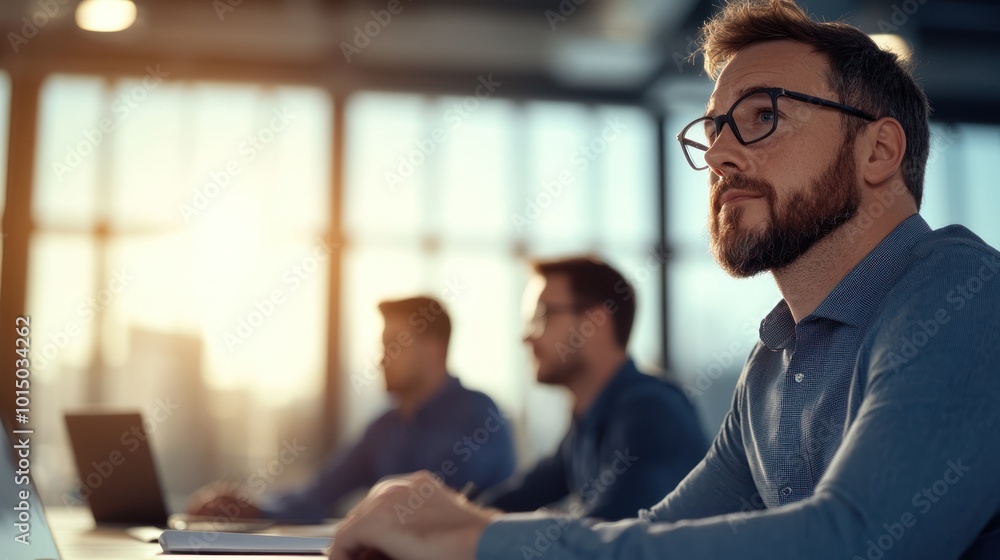 Concentrated professional man working on a laptop in a modern office environment, with colleagues in background. Concentrated professional man working on a laptop in a modern office environment, with colleagues in background.