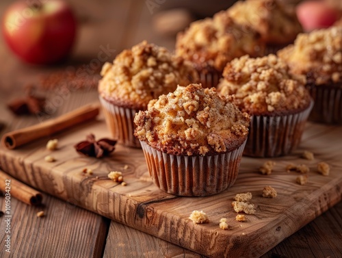 Delicious Crumb Topped Apple Muffins on a Wooden Cutting Board