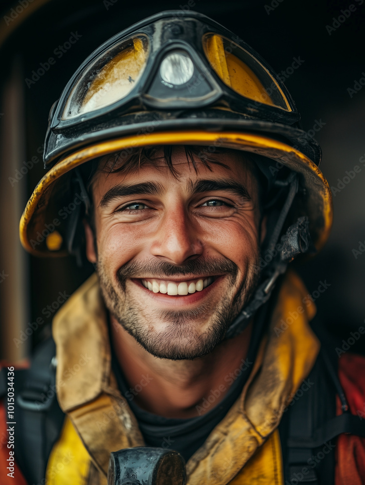 firefighter smiling for photography, functional aesthetics, optical, realistic, high quality, happycore, website, evenly spaced images, colorist, minimalist and clean, happy and optimistic