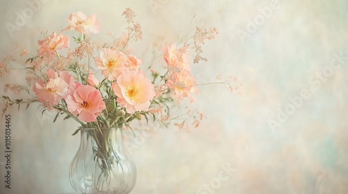 A glass vase filled with delicate pink and orange flowers, set against a soft, neutral background, creating a peaceful, serene atmosphere