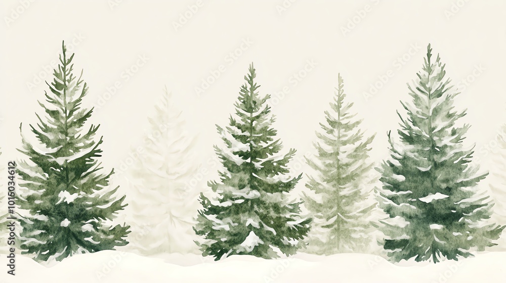 A serene watercolor of evergreen trees standing in peaceful snow, evoking a tranquil winter landscape and natural beauty. A serene watercolor of evergreen trees standing in peaceful snow, evoking a tranquil winter landscape and natural beauty.