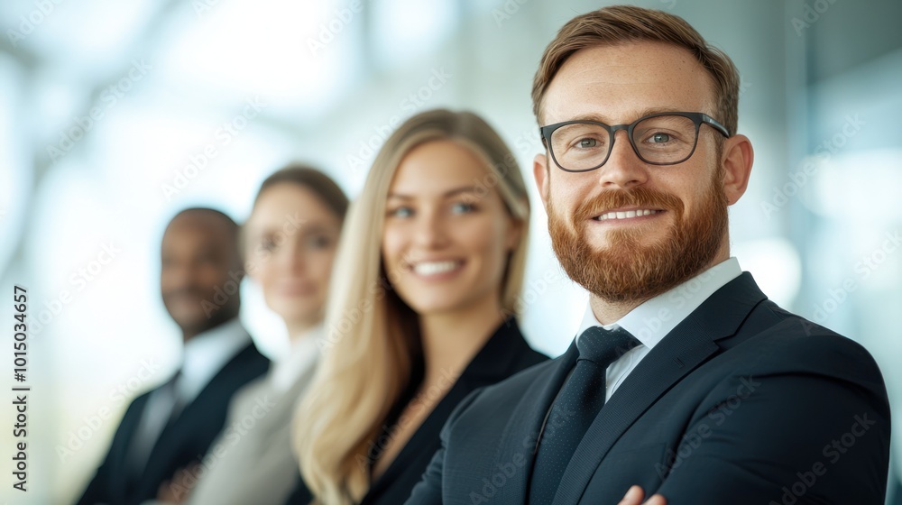 Confident professionals standing in a line, smiling, with a modern office background. Confident professionals standing in a line, smiling, with a modern office background.