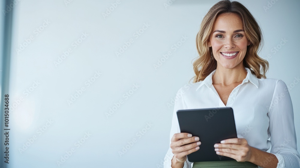 Confident woman holding tablet, smiling in modern office environment against light background. Confident woman holding tablet, smiling in modern office environment against light background.