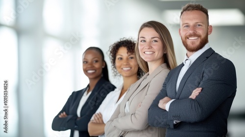 Diverse group of professionals confidently posing together in modern office space.