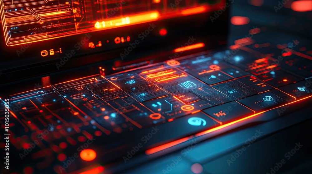 A glowing digital interface on a modern laptop, featuring a futuristic design with tech icons and data streams surrounding the screen A glowing digital interface on a modern laptop, featuring a futuristic design with tech icons and data streams surrounding the screen