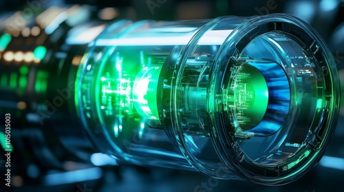 A vibrant green energy core is encapsulated in a transparent casing, illuminating a high-tech laboratory with its glow. The intricate details of the core suggest advanced engineering and innovation.