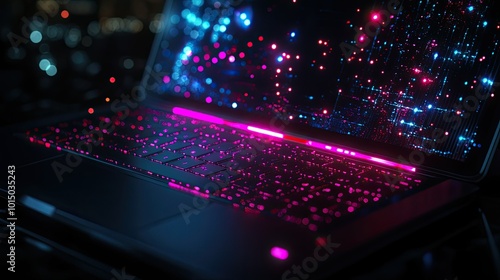 A glowing futuristic interface on a modern laptop, showcasing smart technology and digital elements floating around the screen