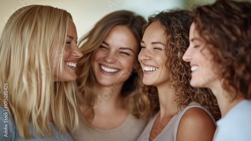 Four friends enjoying a joyful moment together, smiling and laughing in a natural setting.