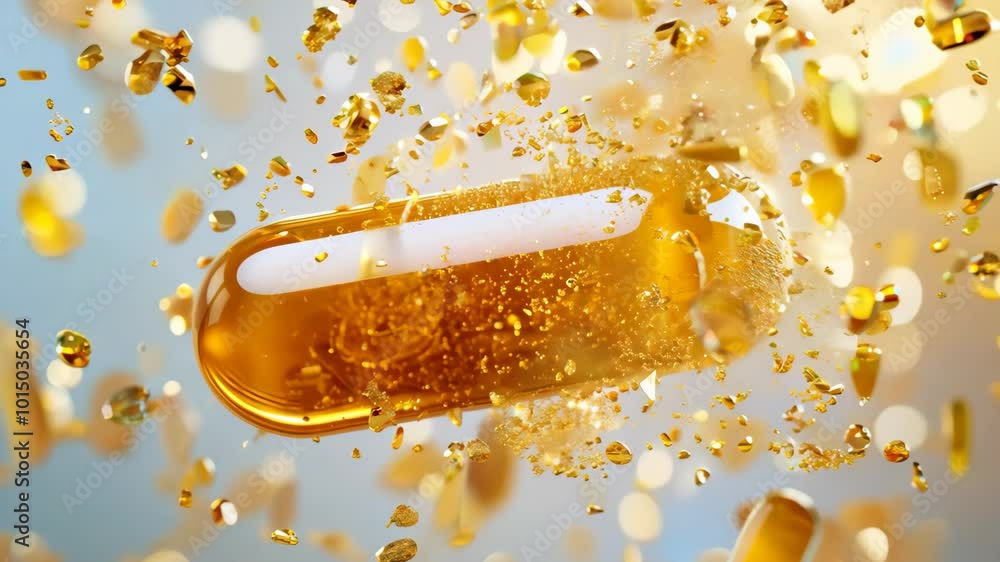 Close up of levitating yellow vitamin D3 or Omega 3 capsule and disintegrating shell close up
