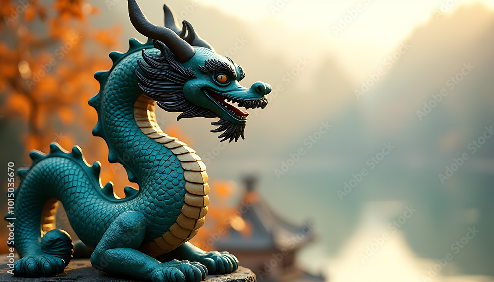 Obraz premium Artistic dragon statue placed against a serene backdrop, capturing the elegance and power of traditional Chinese art._00001_