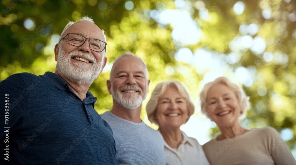 Happy seniors enjoying a sunny day outdoors, smiling and standing together in a park. Happy seniors enjoying a sunny day outdoors, smiling and standing together in a park.
