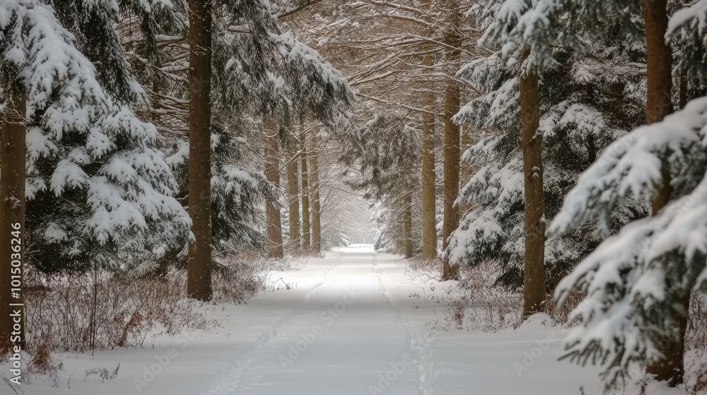 Fototapeta premium A serene snow-covered forest path lined with tall trees, inviting exploration and tranquility in a winter landscape.