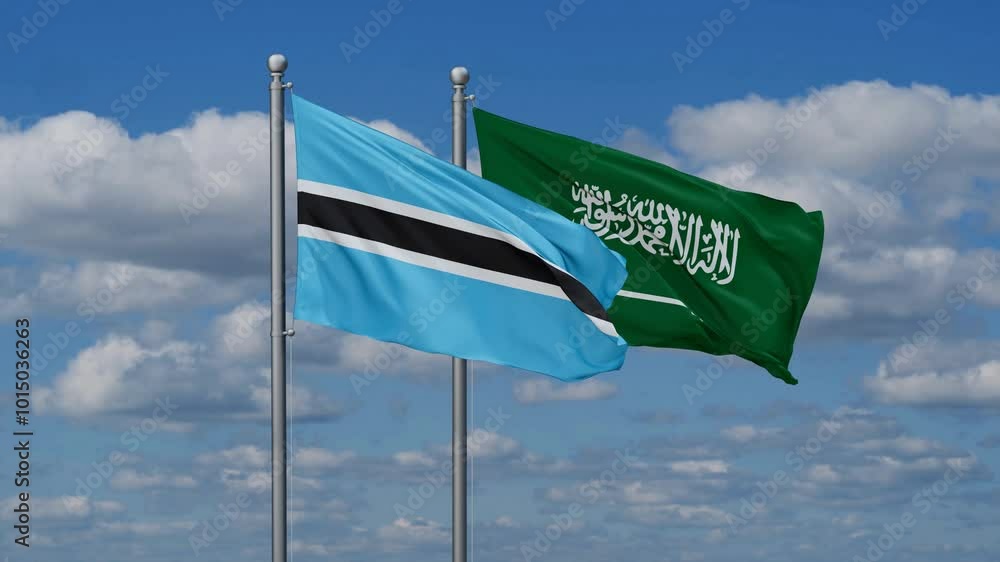 Saudi Arabia and Botswana flags flying together, video concept of the relationship, two country relations concept Saudi Arabia and Botswana flags flying together, video concept of the relationship, two country relations concept