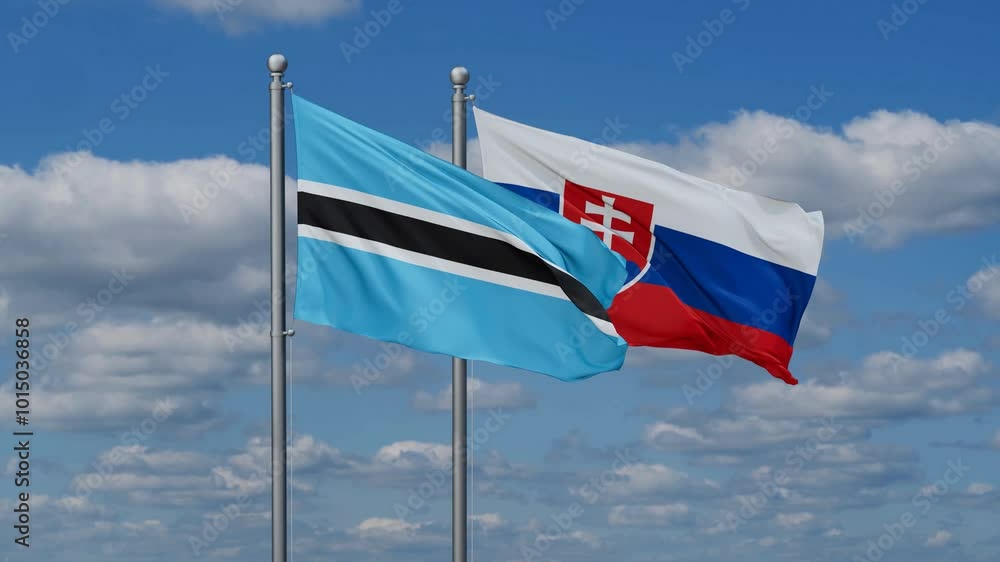 Slovak Republic or Slovakia and Botswana flags flying together, video concept of the relationship, two country cooperation concept Slovak Republic or Slovakia and Botswana flags flying together, video concept of the relationship, two country cooperation concept