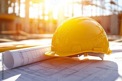 Yellow construction helmet with blueprints at a construction site