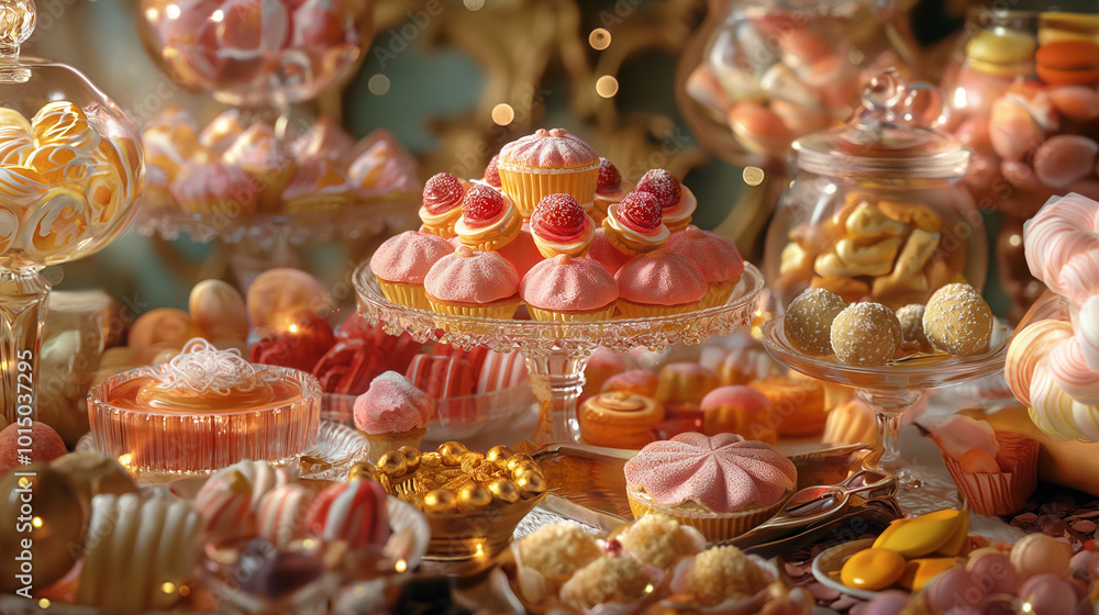 A whimsical scene of assorted sweets, including candies and pastries, arranged beautifully on a festive table A whimsical scene of assorted sweets, including candies and pastries, arranged beautifully on a festive table