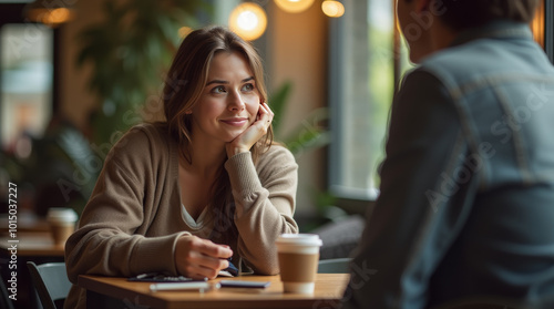 Nachdenkliche Frau in einem Café mit einer Tasse Kaffee