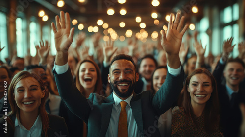 Diverse group of enthusiastic professionals celebrating success at a corporate event in a spacious urban venue