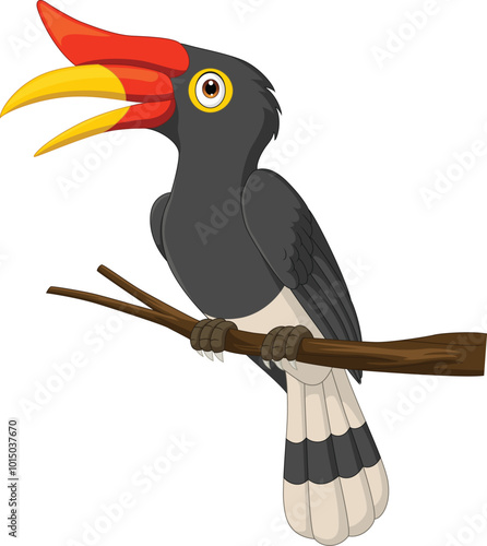 Illustration of cartoon hornbill on the branch