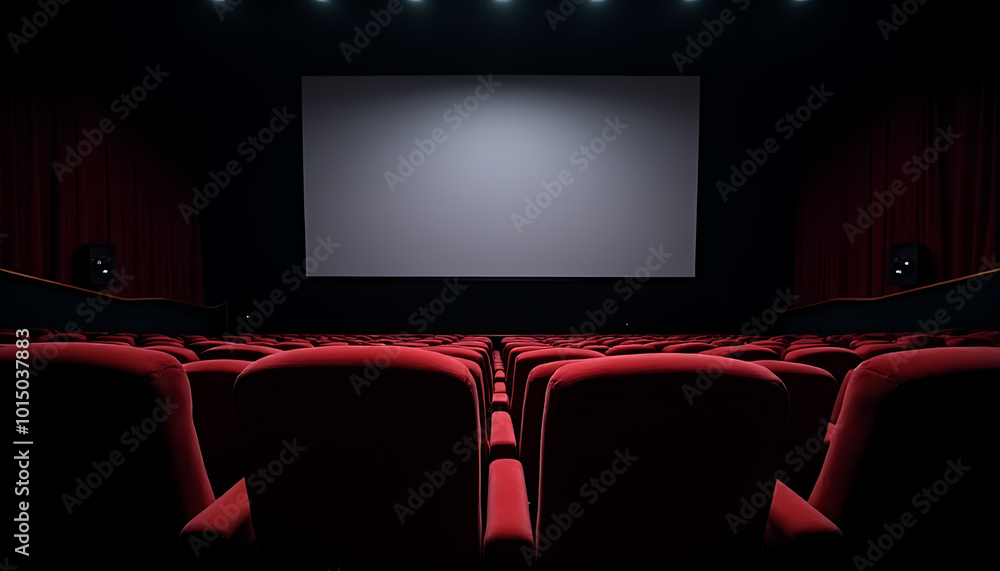 Darkened cinema hall with plush velvet seats, illuminated softly by the glow of a large blank screen._00001_ Darkened cinema hall with plush velvet seats, illuminated softly by the glow of a large blank screen._00001_