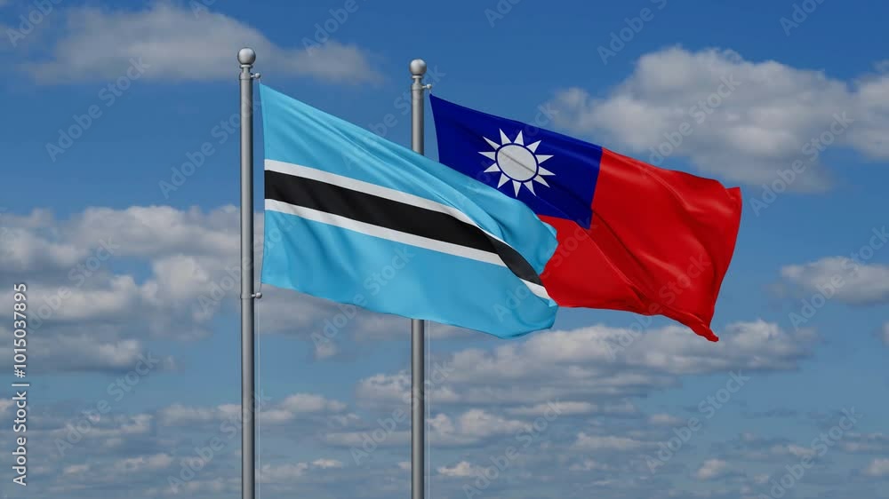 Taiwan and Botswana flags flying together, video concept of the relationship, two country cooperation concept Taiwan and Botswana flags flying together, video concept of the relationship, two country cooperation concept