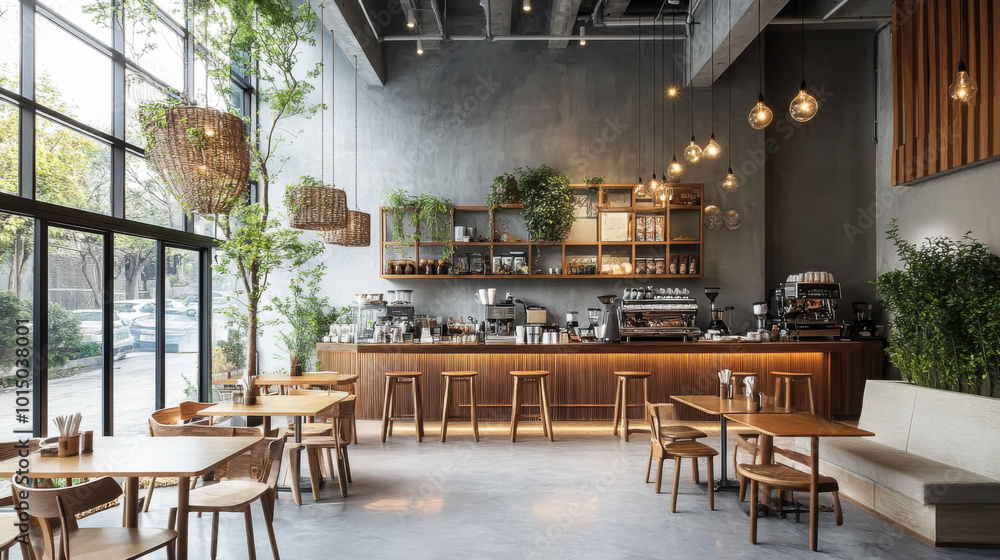 Fototapeta premium Modern cafe interior showcasing minimalistic design elements with natural light streaming through large windows