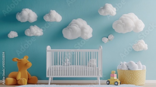 Baby Nursery Decor with Crib, Toys, and Cloud Wall Dacor 3d animation photo