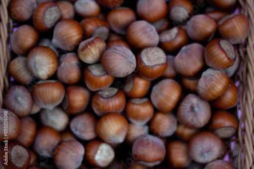 Photo with fresh shelled hazelnuts. Top view. Counter with nut. Concept of healthy food, selling and buying farm products, entrepreneurship support. Ingredient for salad, dessert, cake. Flat lay