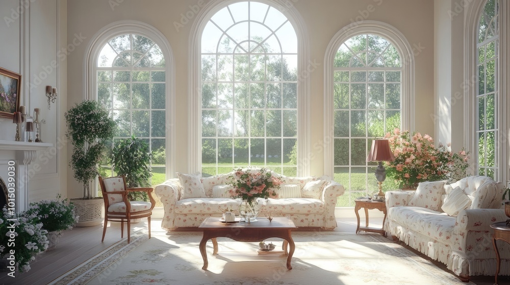 Fototapeta premium Bright and airy living room with large windows and floral Dacor 3d animation