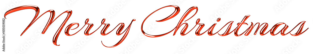 Red metallic text Merry Christmas realistic 3D render isolated illustration. Scarlet script calligraphic sign. Design for festive decoartion, card, post.
