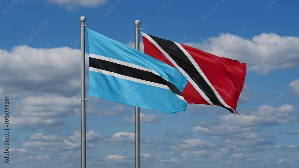 Trinidad and Tobago and Botswana flags flying together, video concept of the relationship, two country cooperation concept Trinidad and Tobago and Botswana flags flying together, video concept of the relationship, two country cooperation concept
