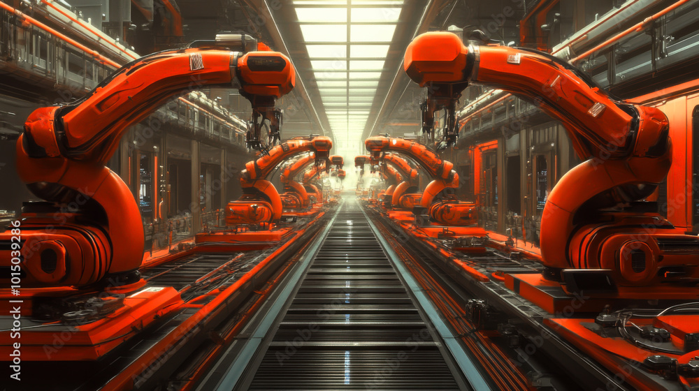 Industrial automation with robotic arms working in a modern assembly line during daylight hours in a high-tech factory Industrial automation with robotic arms working in a modern assembly line during daylight hours in a high-tech factory