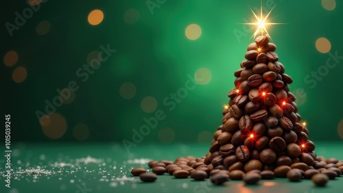 New year tree made of coffee beans on green bzckground