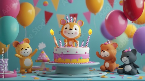 Cute Cartoon Birthday Illustration with Animals, Balloons, Cake, and Party Decorations 3d animation