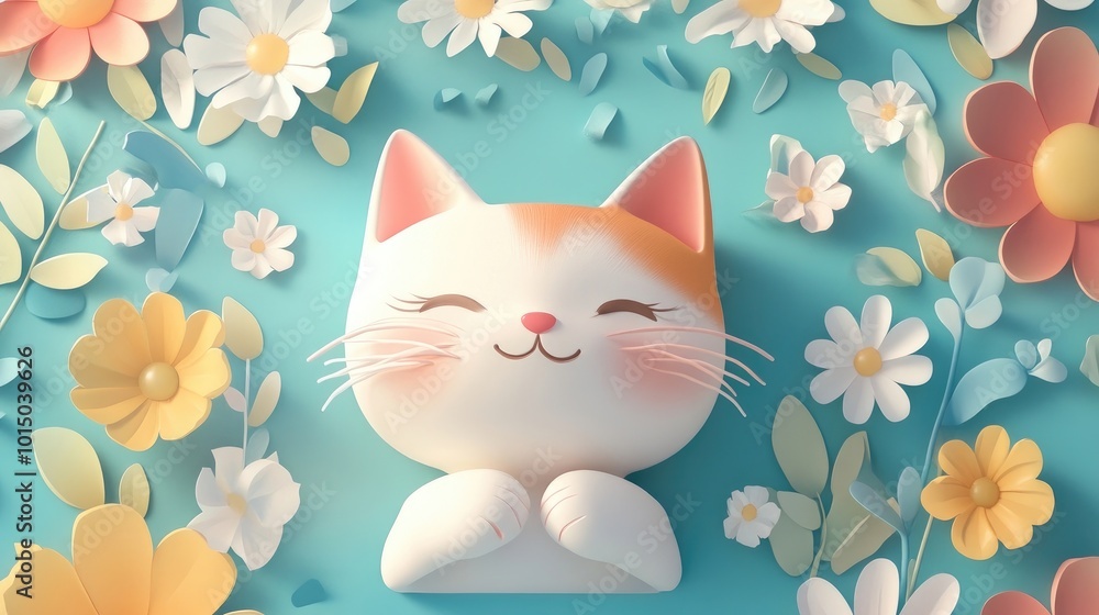 Cute Cartoon Cat Seamless Pattern with Floral and Sun Elements 3d animation