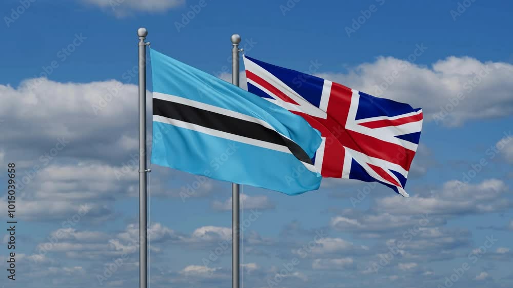 United Kingdom and Botswana flags flying together, video concept of the relationship, two country cooperation concept United Kingdom and Botswana flags flying together, video concept of the relationship, two country cooperation concept