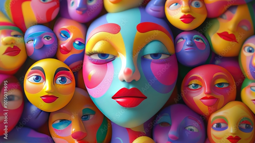 Obraz premium Collection of colorful face digital art cartoon illustration 3d animation